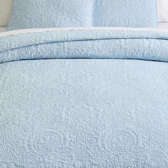 Pottery Barn Belgian Flax Linen Floral Stitch Quilt Sea Breeze King / Cal. King - Picture 1 of 10